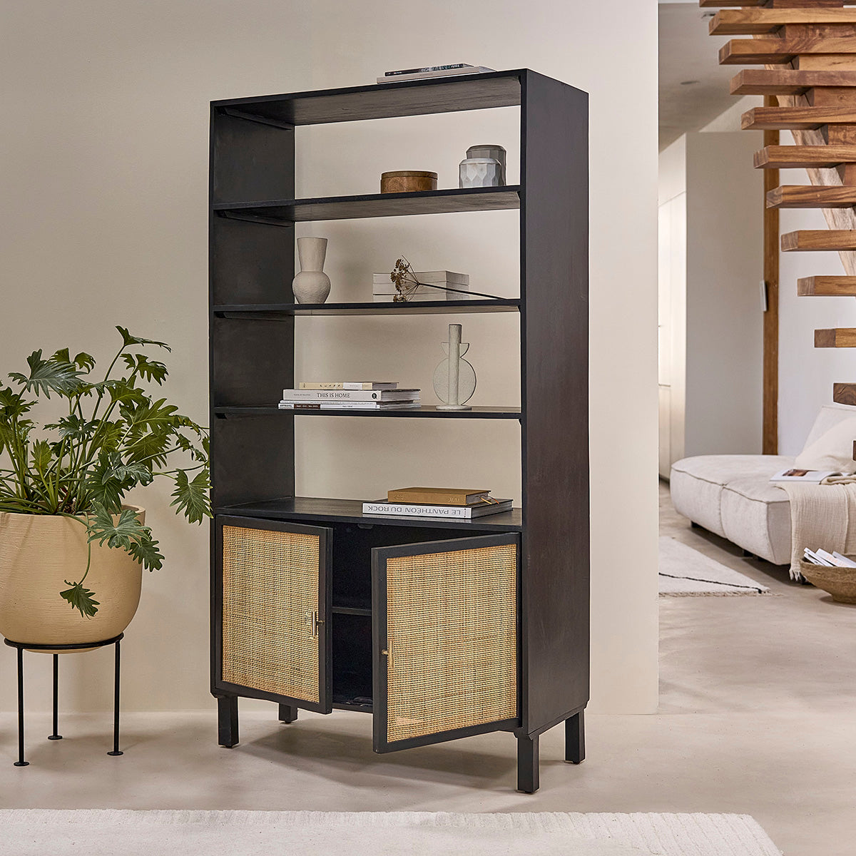 BLAISE - Libreria in di mango massello nero e midollino 170 cm