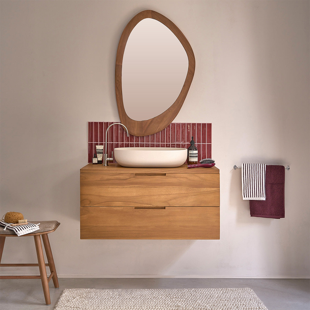 MAË - Mobile sottolavabo sospeso in teak massiccio 80 cm