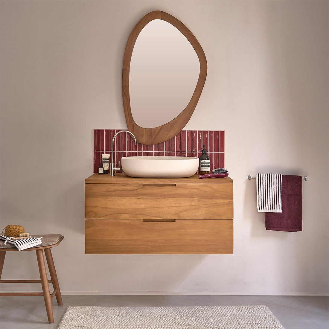 MAË - Mobile sottolavabo sospeso in teak massiccio 80 cm