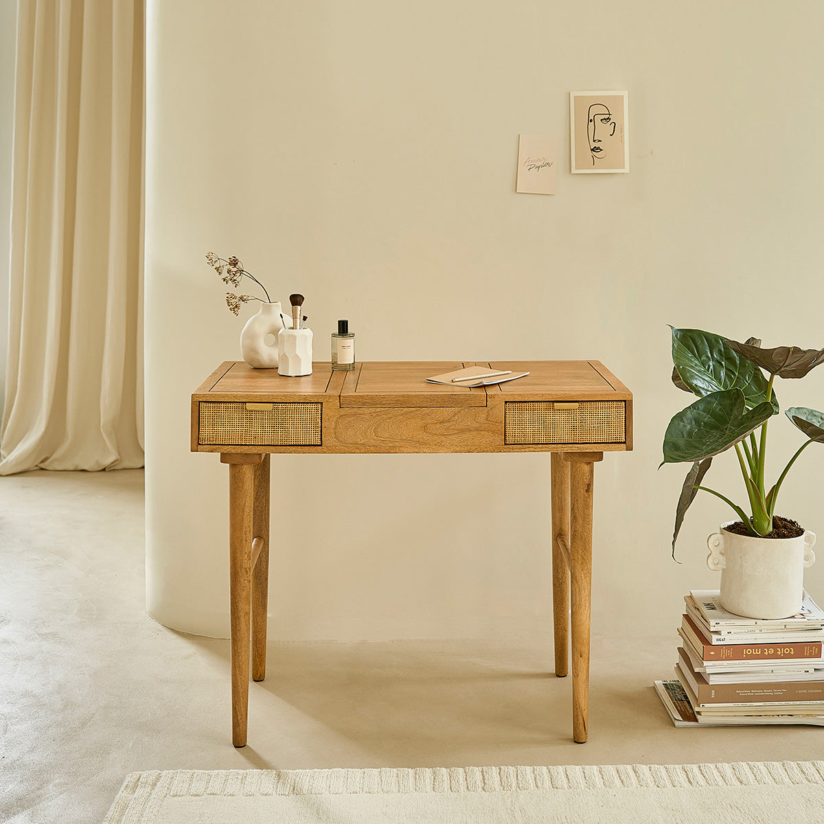 FELICIE - Tavolino da toilette in mango massello e midollino 90 cm