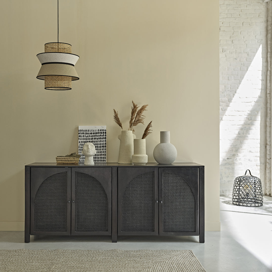 ZULMA - Credenza in mango massello e midollino nero 175 cm