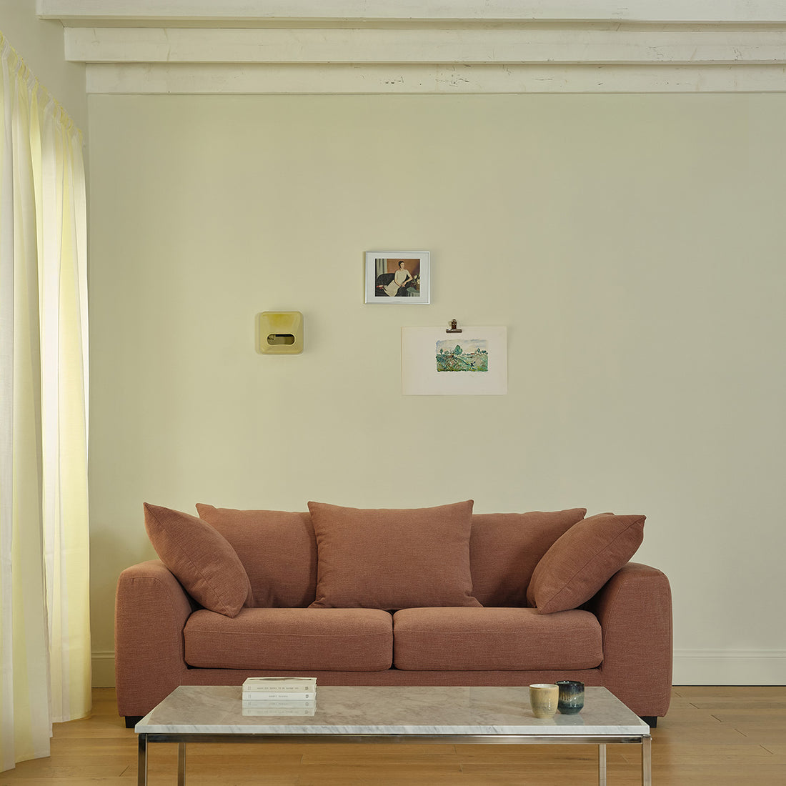 EDMOND - Divano lineare trasformabile a 3 posti in tessuto effetto lino terracotta