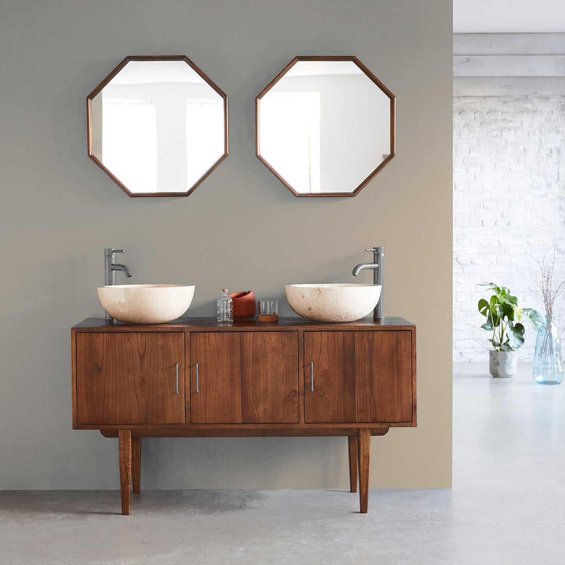 VINTAGE - Mobile bagno in mindi massello 135 cm doppio ripiano