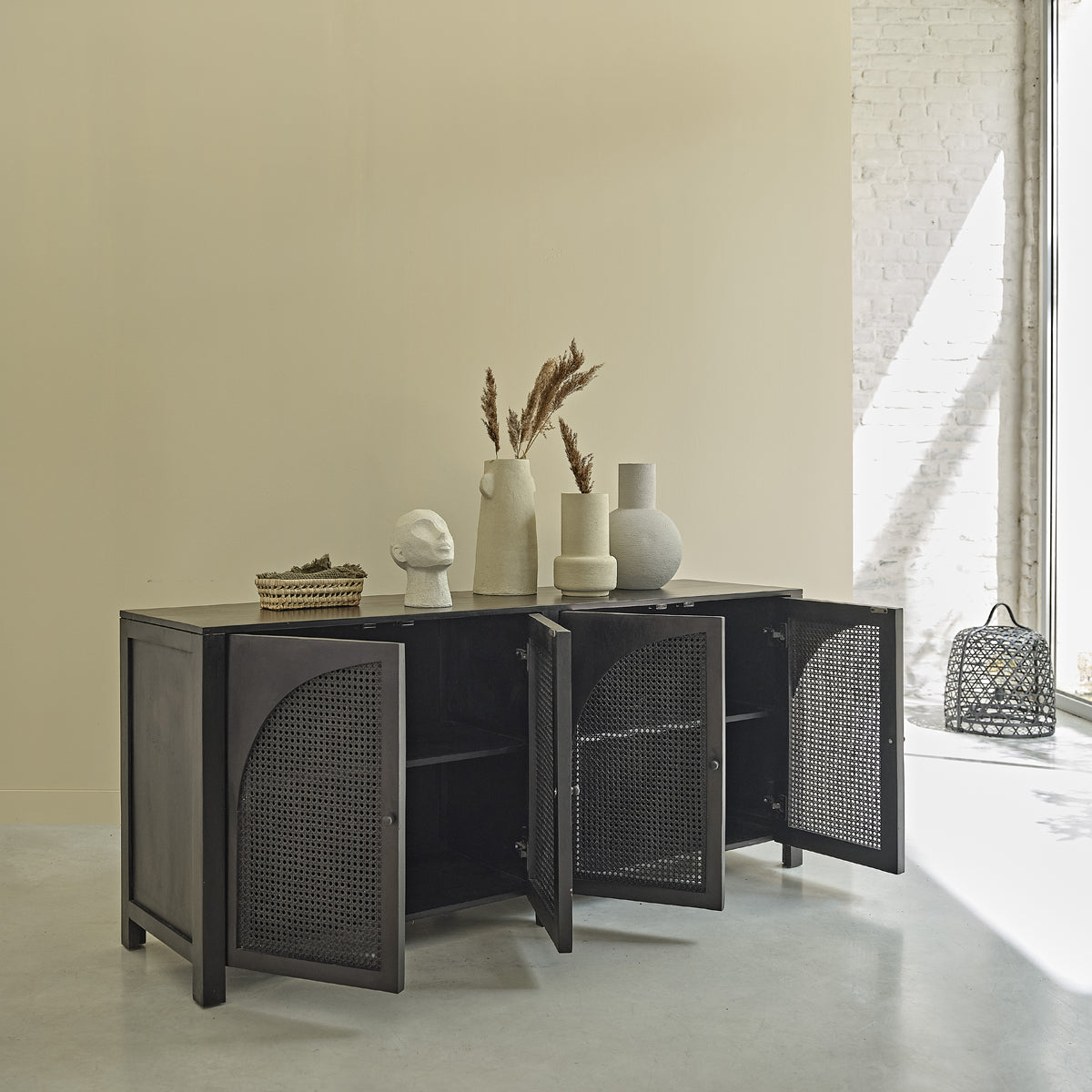 ZULMA - Credenza in mango massello e midollino nero 175 cm