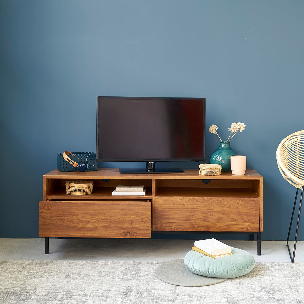 LINA - Mobile porta TV 140 cm in teak massello e metallo