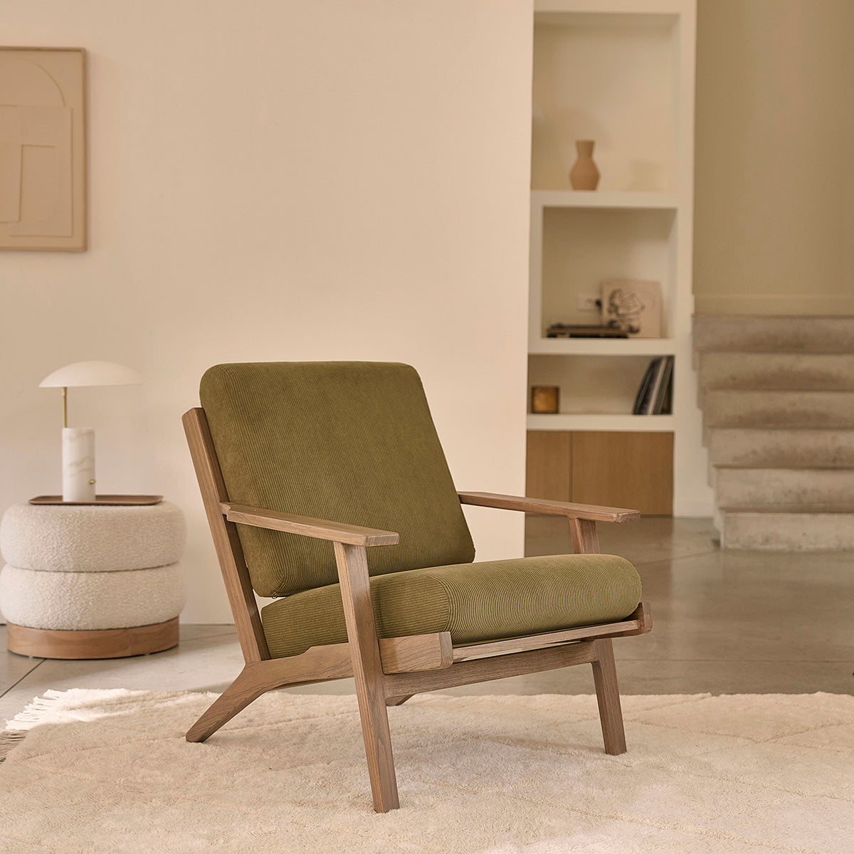 SERENE - Pouf in teak massello e tessuto bouclé bianco Ø55 cm