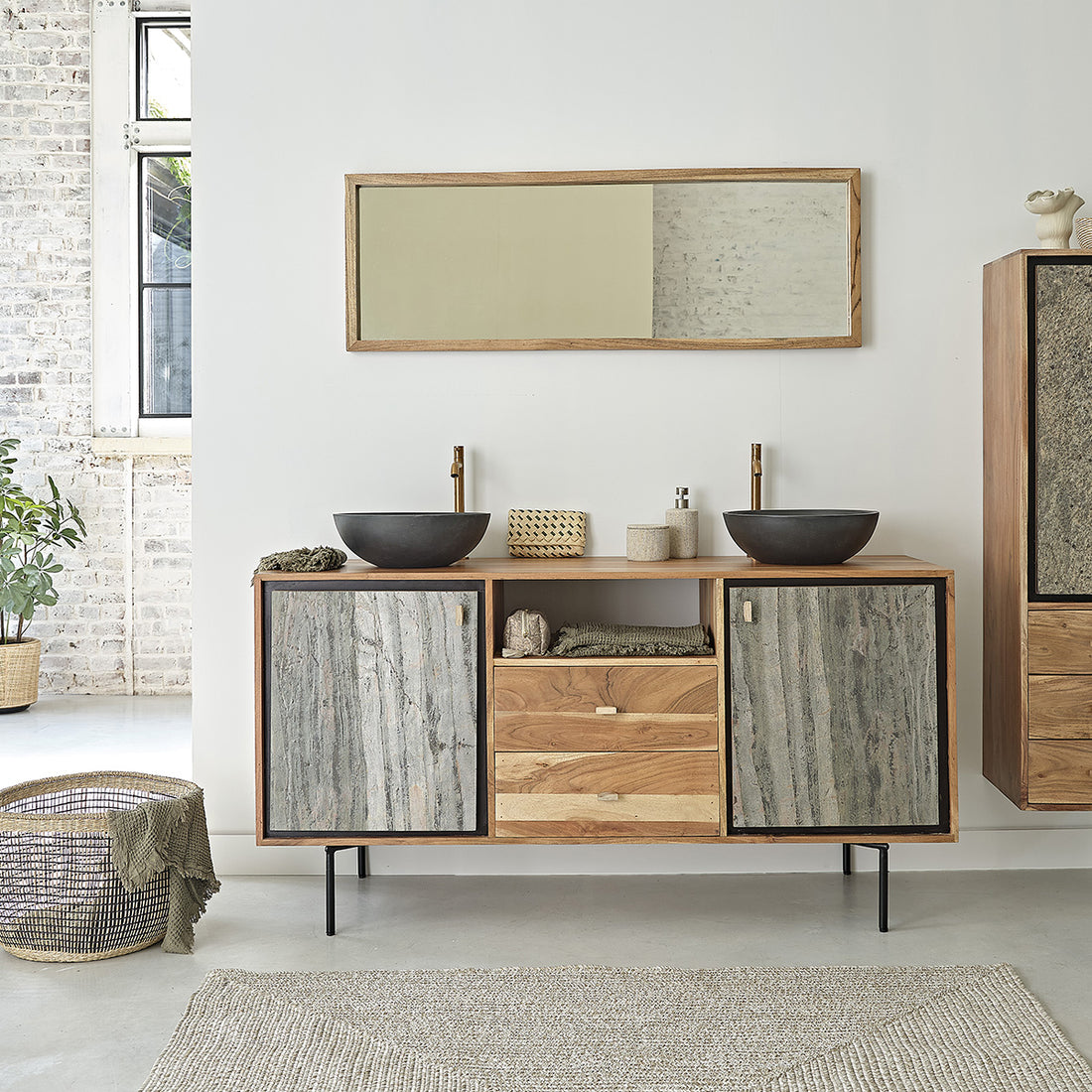 EDEN ROCK - Mobile sottolavabo in acacia massello e pietra 155 cm