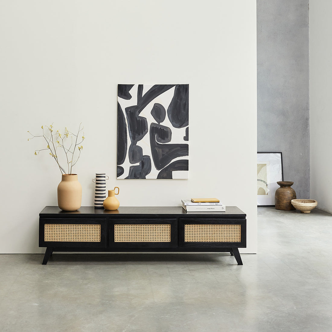 ISÉE - Mobile porta TV in mindi massello e cannage nero 160 cm