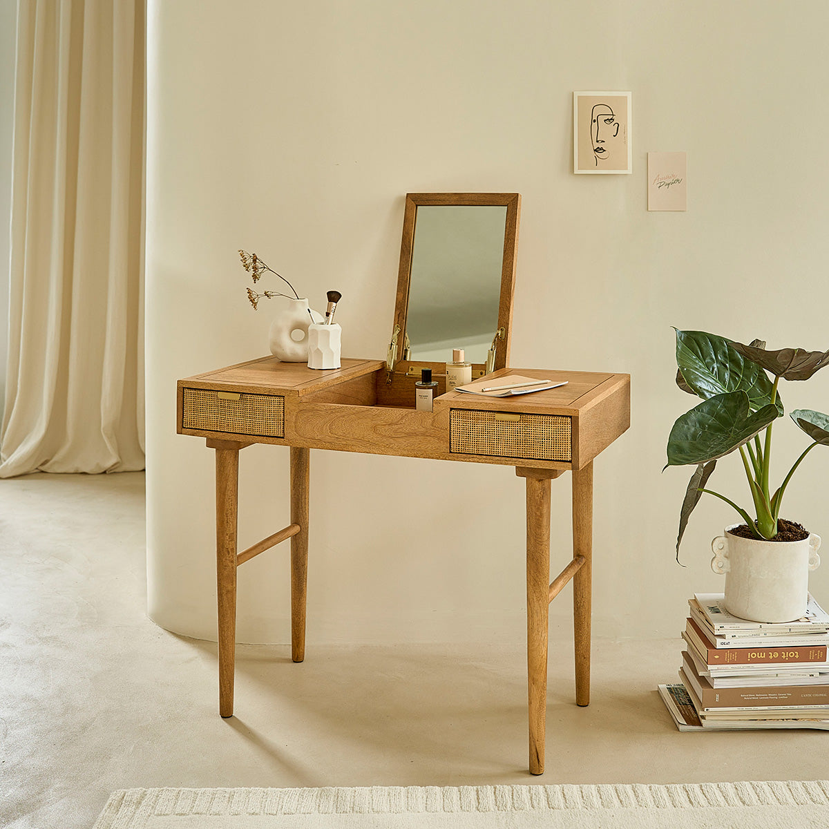 FELICIE - Tavolino da toilette in mango massello e midollino 90 cm