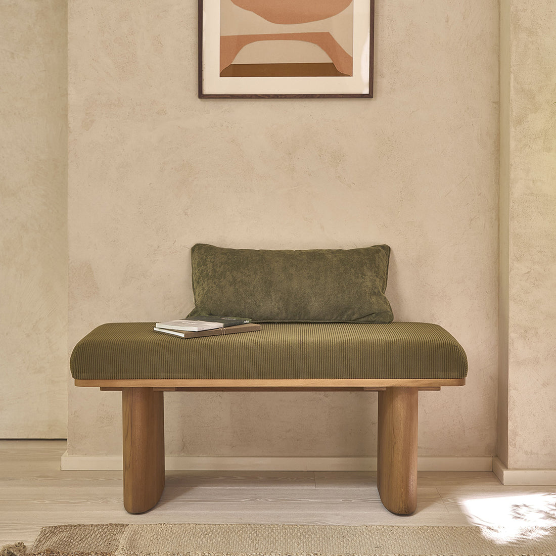 AMBRE - Panca in teak massello e velluto a coste verde 100 cm