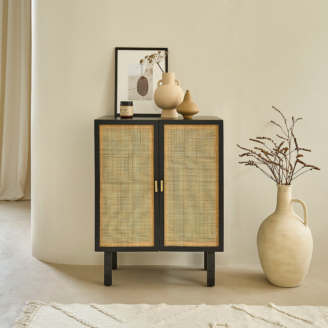 BLAISE - Credenza in mango massello nero e midollino 68 cm