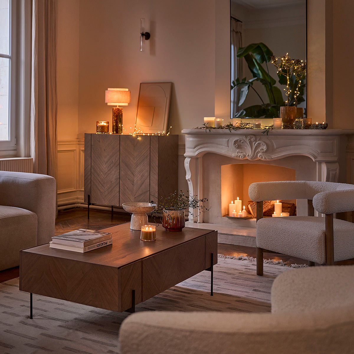 CALIX - Tavolino in mindi massello e metallo finitura noce 120 cm