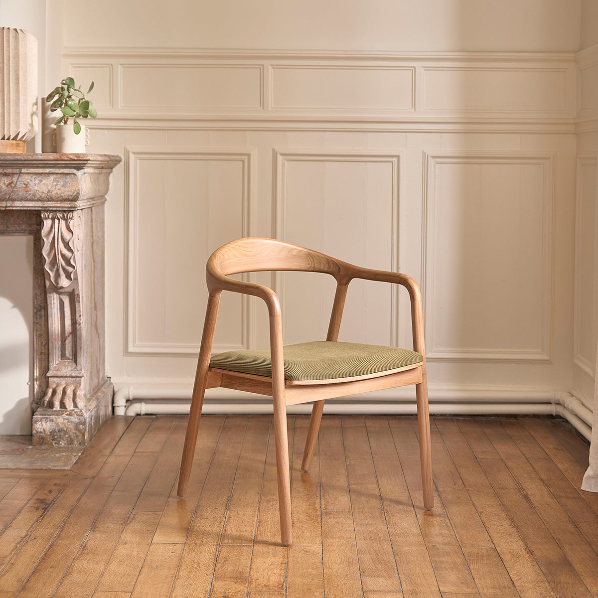 AMBRE - Sedia in teak massello con seduta in velluto a coste color kaki