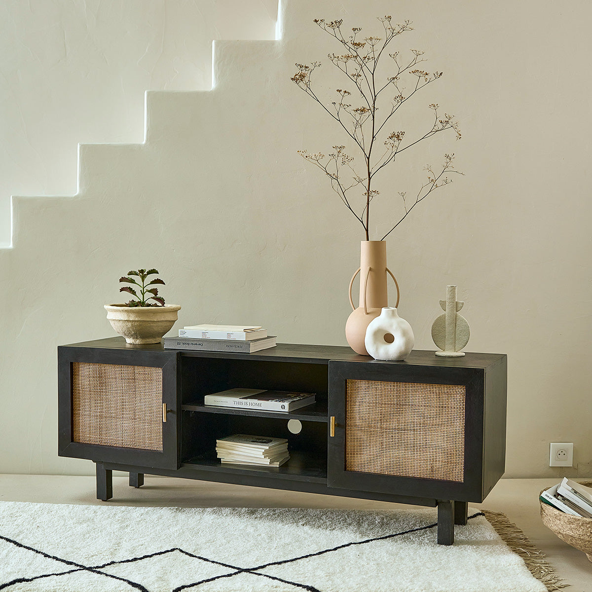 BLAISE - Mobile TV in mango massello nero e midollino 140 cm