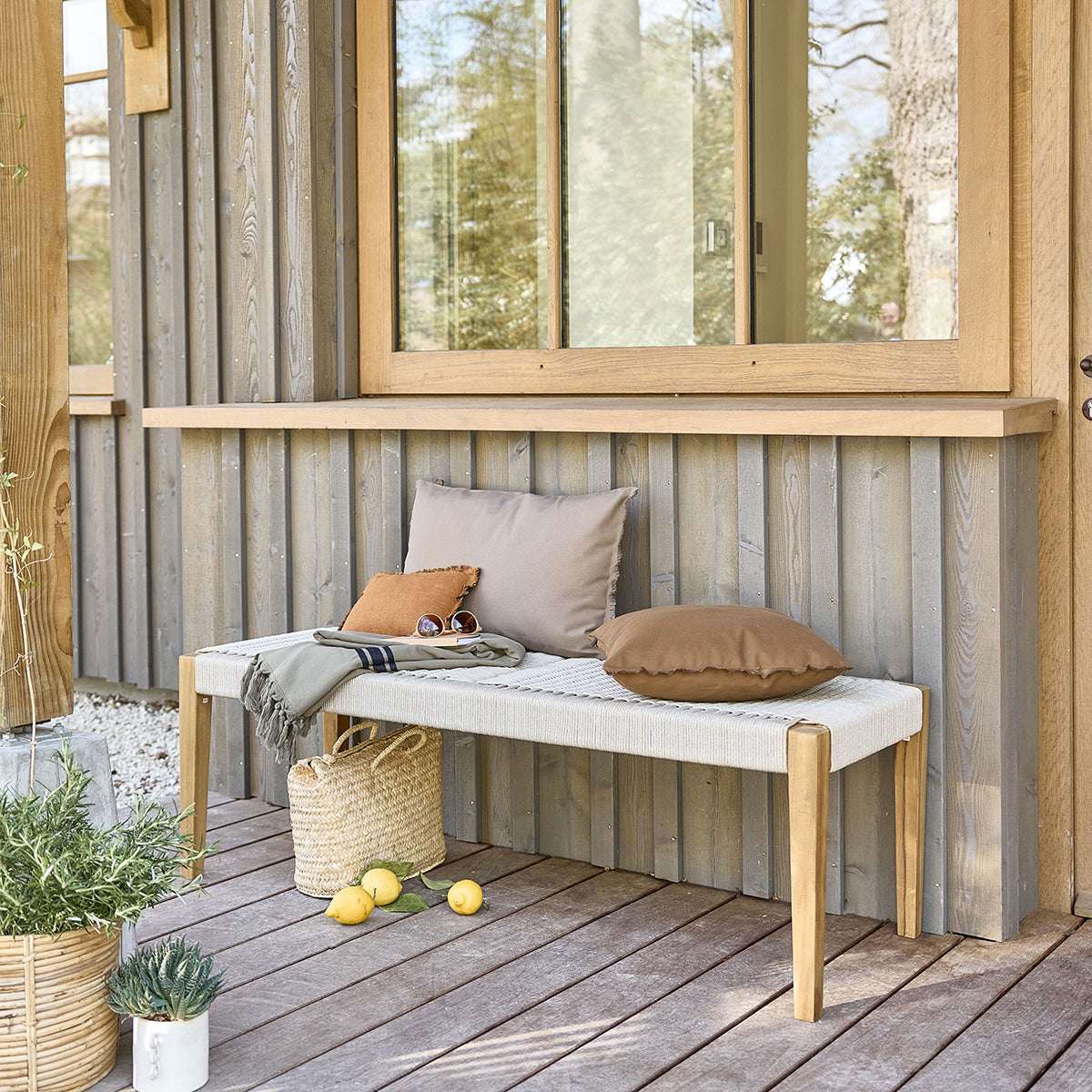 LIVIE - Panca da giardino in teak massello e corda beige