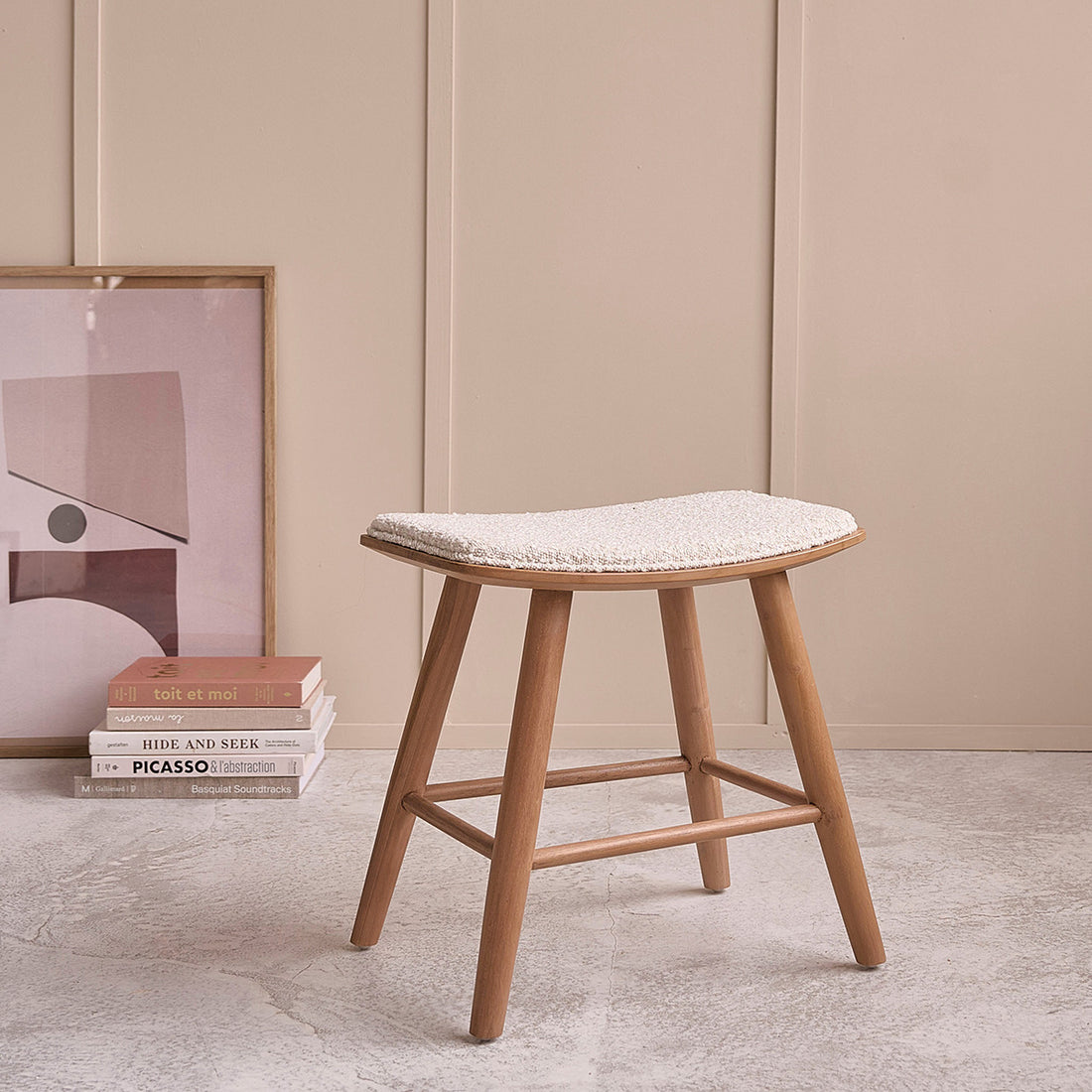 AMBRE - Sgabello da bar in teak massello con seduta bouclé 45 cm